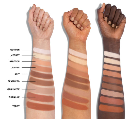 18WT Matte Essentials Artistry Palette 18WT Matte Essentials Artistry Palette - Cotton, Jersey, Stretch, Canvas, Knit, Seamless, Cashmere, Chenille, Teddy arm swatches on three skin tones, view larger image-view-3