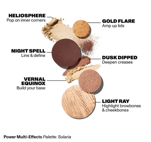 Power Multi-Effects Palette / Solaria - Product Swatches - Gold Flare - Amp up lids, Dusk Dipped - Deepen creases, Light Ray - Highlight browbones & cheekbones, Vernal Equinox - Build your base, Night Spell - Line & define, Heliosphere - Pop on inner corners, view larger image-view-3