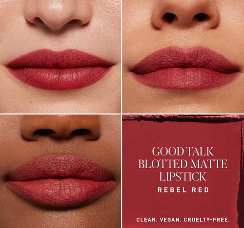 Good Talk Soft Matte Lipstick / Rebel Red - On-Figure, view larger image-view-3