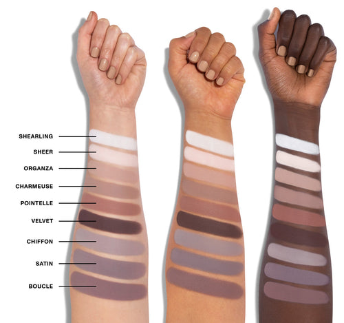 18CT Matte Essentials Artistry Palette - Shearling, Sheer, Organze, Charmeuse, Pointelle, Velvet, Chiffon, Satin, Boucle arm swatches on three skin tones, view larger image-view-3
