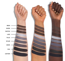 18CT Matte Essentials Artistry Palette - Mesh, Suede, Taffeta, Lace, Tulle, Nylon, Crepe, Silk, Leather arm swatches on three skin tones-view-4