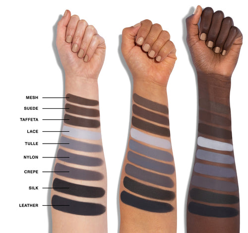 18CT Matte Essentials Artistry Palette - Mesh, Suede, Taffeta, Lace, Tulle, Nylon, Crepe, Silk, Leather arm swatches on three skin tones, view larger image-view-4