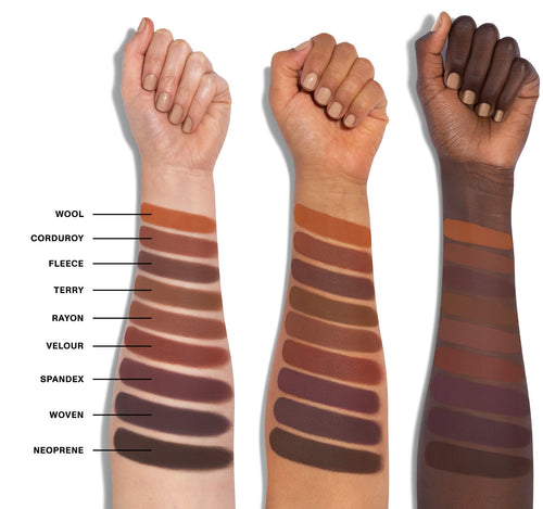 18WT Matte Essentials Artistry Palette - Wool, Corduroy, Fleece, Terry, Rayon, Velour, Spandex, Woven, Neoprene arm swatches on three skin tones, view larger image-view-4