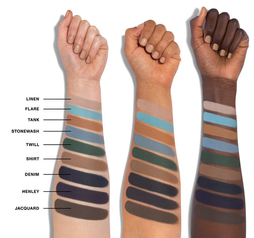 9C Matte Essentials Artistry Palette - Eyelet, Sundress, Gingham, Vintage, Maxi, Paisley, Mini, Floral, Ditsy arm swatches on three skin tones, view larger image-view-3