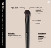 Infographic of brush details: V202 – MULTIFUNCTIONAL PACKING EYESHADOW BRUSH
Large, dense brush head, Cutting-edge synthetic bristles for superior product pickup and laydown
Pull-tested to minimize shedding 
100% vegan
IDEAL FOR: Applying eyeshadow and mastering cut-crease effects
IDEAL WITH: Powders, Creams, Liquids -view-2