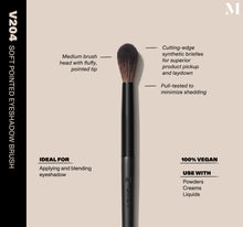 Infographic of brush details: V204 – SOFT POINTED EYESHADOW BRUSH
Medium brush head with fluffy, pointed tip, Cutting-edge synthetic bristles for superior product pickup and laydown
Pull-tested to minimize shedding 
100% vegan
IDEAL FOR: Applying and blending eyeshadow
IDEAL WITH: Powders, Creams, Liquids -view-2
