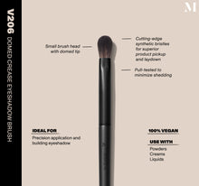 Infographic of brush details: V206 – DOMED CREASE EYESHADOW BRUSH
Small brush head with domed tip, Cutting-edge synthetic bristles for superior product pickup and laydown
Pull-tested to minimize shedding 
100% vegan
IDEAL FOR: Precision application and building eyeshadow
IDEAL WITH: Powders, Creams, Liquids -view-2