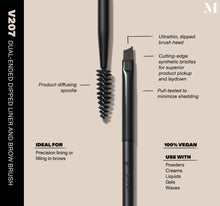Infographic of brush details: V207 – DUAL-ENDED DIPPED LINER AND BROW BRUSH
Ultrathin, dipped brush head, Cutting-edge synthetic bristles for superior product pickup and laydown
Pull-tested to minimize shedding.
100% vegan
IDEAL FOR: Precision lining or filling in brows
IDEAL WITH: Powders, Creams, Liquids, Gels, Waxes-view-2