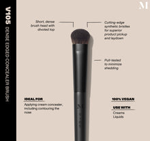 Infographic of brush details: V105 – DENSE EDGED CONCEALER BRUSH
Short, dense brush head with divoted top, Cutting-edge synthetic bristles for superior product pickup and laydown
Pull-tested to minimize shedding 
100% vegan
IDEAL FOR: Applying cream concealer, including contouring the nose
IDEAL WITH: Powders, Creams, Liquids -view-2