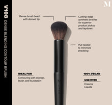 Infographic of brush details: V108 – DENSE BLENDING CONTOUR BRUSH
Dense brush head with domed tip, Cutting-edge synthetic bristles for superior product pickup and laydown
Pull-tested to minimize shedding 
100% vegan
IDEAL FOR: Contouring with bronzer, blush, and foundation
IDEAL WITH: Powders, Creams, Liquids -view-2