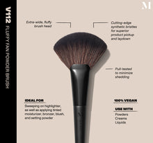 Infographic of brush details: V112 – FLUFFY FAN POWDER BRUSH
Extra-wide, fluffy brush head, Cutting-edge synthetic bristles for superior product pickup and laydown
Pull-tested to minimize shedding 
100% vegan
IDEAL FOR: Sweeping on highlighter, as well as applying tinted moisturizer, bronzer, blush, and setting powder
IDEAL WITH: Powders, Creams, Liquids -view-2